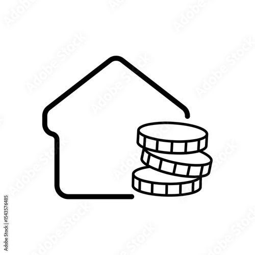 Line art icon of a house and coins, representing mortgage, real estate investment, or property value.