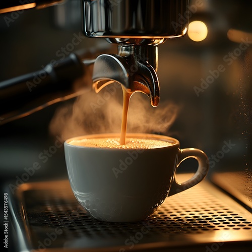 A nearly full cup of espresso being prepared in a professional coffee machine