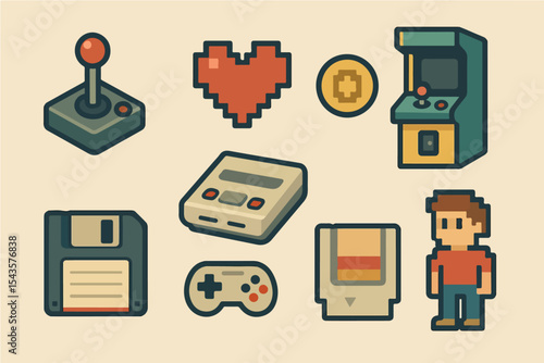 Nostalgic pixel art design featuring classic gaming icons: joystick, arcade cabinet, game cartridge, floppy disk, and a pixel heart. Ideal for retro gaming websites, blogs, or app designs.