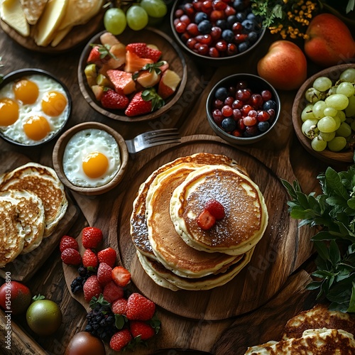 Full breakfast with pancakes, grapes, strawberries, papaya, berries, and eggs.