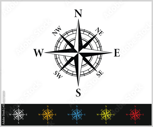Classic Black and White Compass Rose Navigation Graphic