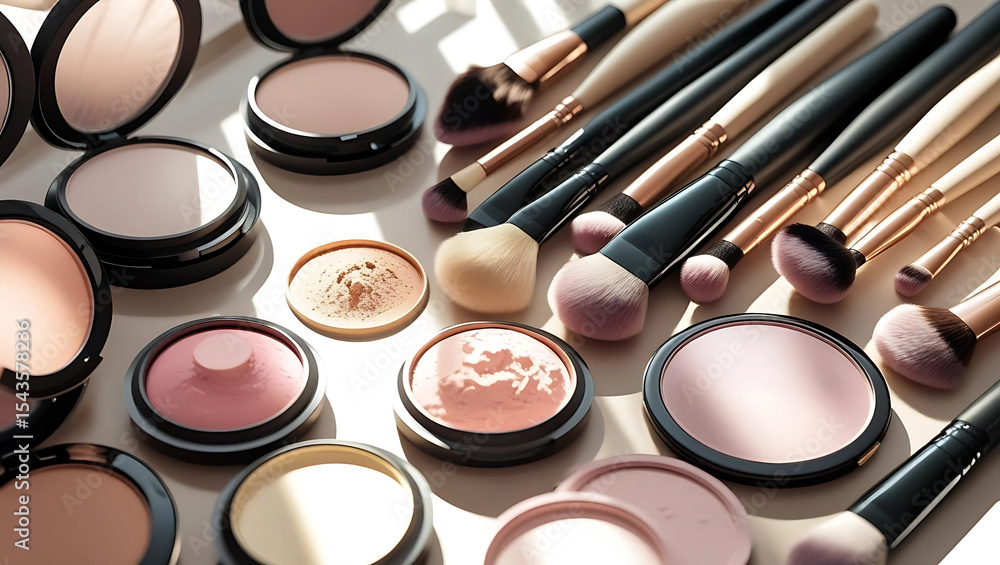 Beauty flat lay with brushes and powder Beauty flat lay with brushes and powder