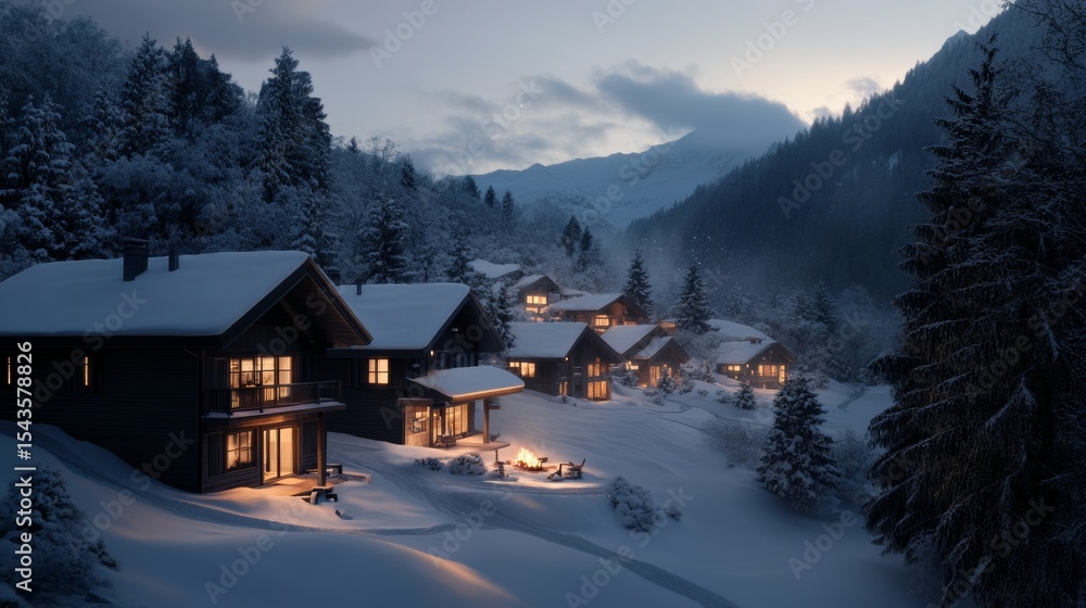 Fototapeta premium snowy mountain village popular with remote workers, laptop setups by the fire