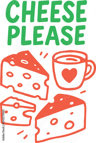 Vector hand‑drawn “Cheese Please” illustration with cheese wedge and sparkles in fun doodle style
