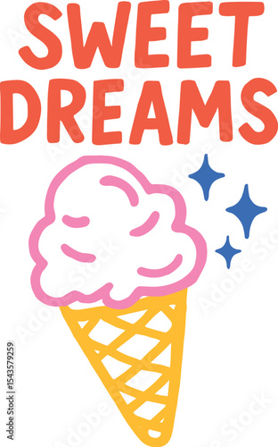Vector hand‑drawn “Sweet Dreams” illustration with cotton candy in dreamy doodle style