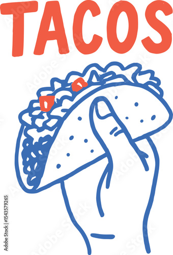 Vector hand‑drawn “Tacos” illustration with hand holding taco in bold doodle style