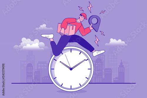 An express courier runs on a giant clock, symbolizing a fast and on-time delivery service. The delivery man holds a package and a GPS pin, illustrating a race against time for urgent shipping.