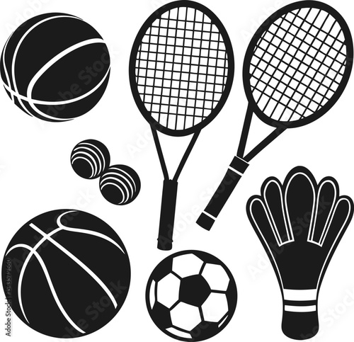 Black and white vector illustration of various sporting equipment collection