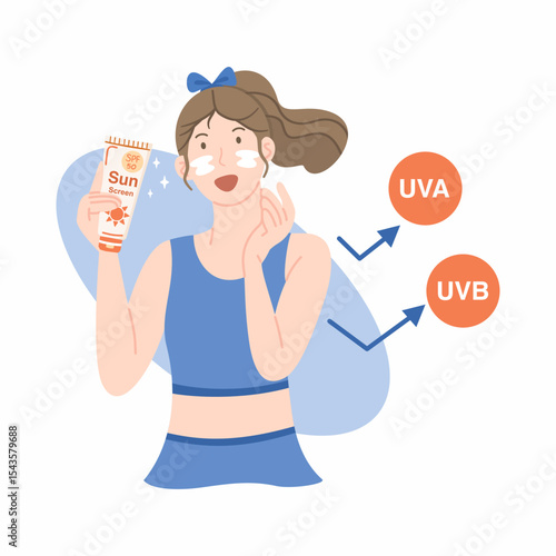 Girl applying sunscreen for UV protection. Skincare routine for healthy skin and self care in flat cartoon style isolate on a white background.