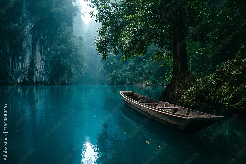 Wooden Boat on Turquoise River Surrounded by Dense Green Forest and Towering Cliffs Wooden Boat on Turquoise River Surrounded by Dense Green Forest and Towering Cliffs