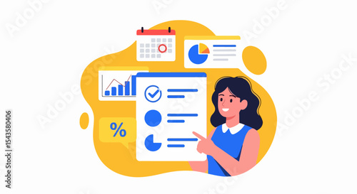 Smiling Woman Illustrating Progress Checklist with Analytics and Calendar Icons in Flat Cartoon Style on White Background