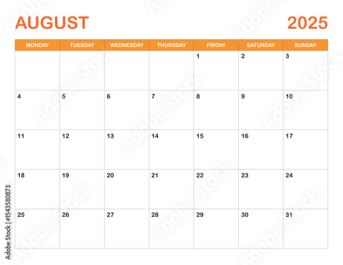 August calendar 2025 with monday start