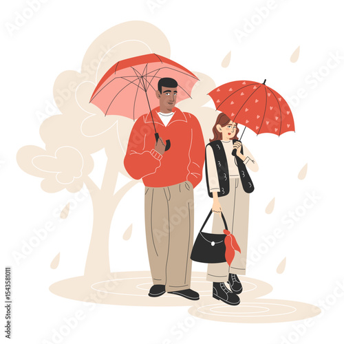 Young Interracial Couple Walking in the Rain with Umbrellas in Autumn Park Wearing Casual Outfits Flat Style Illustration