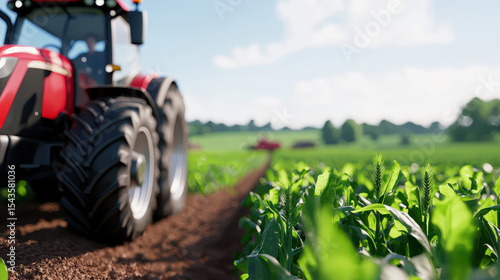 Vibrant tractor lush countryside field showcases agricultural life and productivity, surrounded by green crops and blue skies