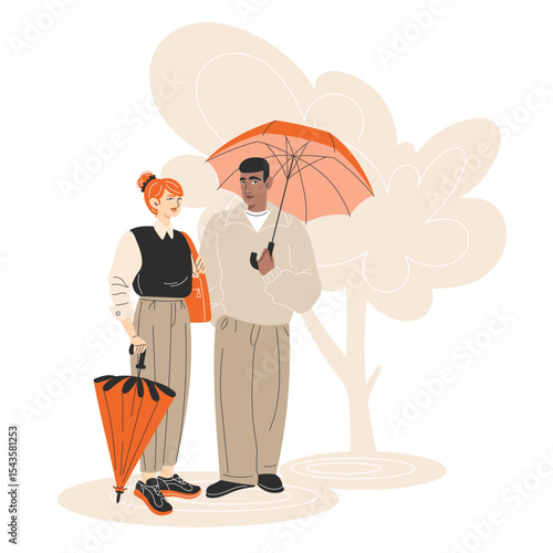 Young Interracial Couple in Casual Business Outfits Holding Umbrellas in Nature Flat Style Autumn Illustration