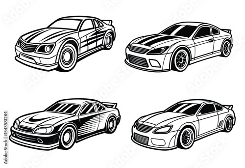 4 Auto racing car, silhouette vector illustration on white background.