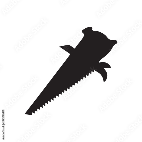 Black silhouette of a hand saw, a vector icon representing carpentry and woodworking. on white background