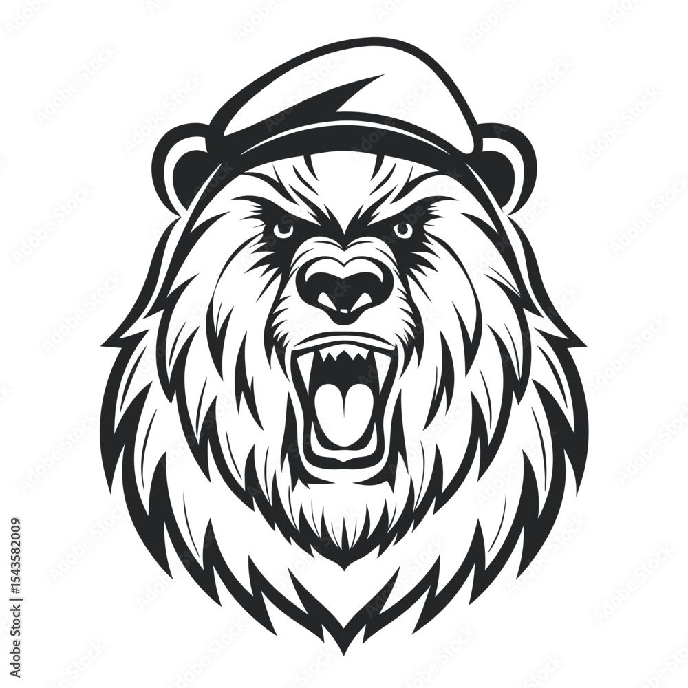 Detailed Grizzly Bear Illustration: Fierce Expression with Hat, Vector Graphic in Black and White for Sports Team Emblem or Mascot Design Element. Detailed Grizzly Bear Illustration: Fierce Expression with Hat, Vector Graphic in Black and White for Sports Team Emblem or Mascot Design Element.