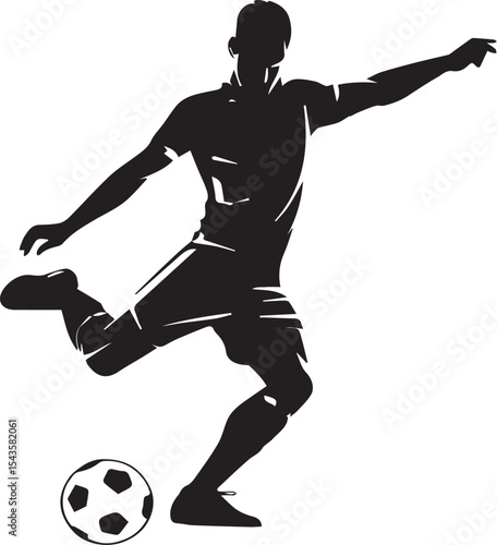 Black silhouette illustration of a soccer player kicking the ball towards the goal