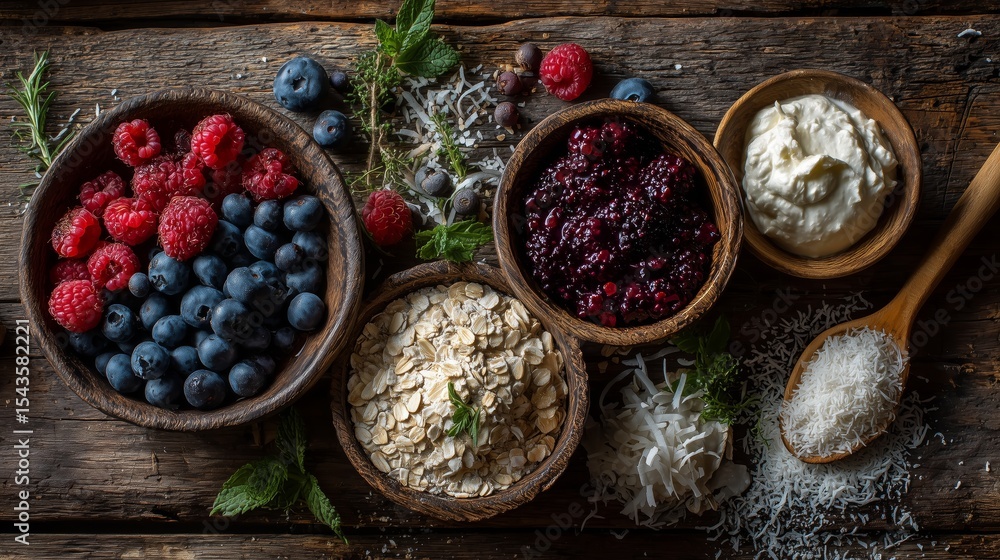 Flat lay of assorted wholesome breakfast items including oats, fresh berries, shredded coconut, and creamy yogurt on rustic wooden background. Ideal for themes related to clean eating, natural food Flat lay of assorted wholesome breakfast items including oats, fresh berries, shredded coconut, and creamy yogurt on rustic wooden background. Ideal for themes related to clean eating, natural food