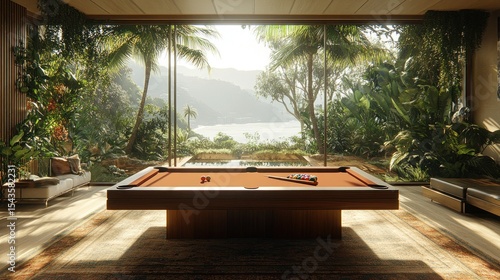 Tropical home billiard room with pool view