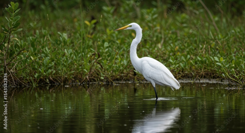 Elegant great egret standing in tranquil water reflecting its serene presence Elegant great egret standing in tranquil water reflecting its serene presence
