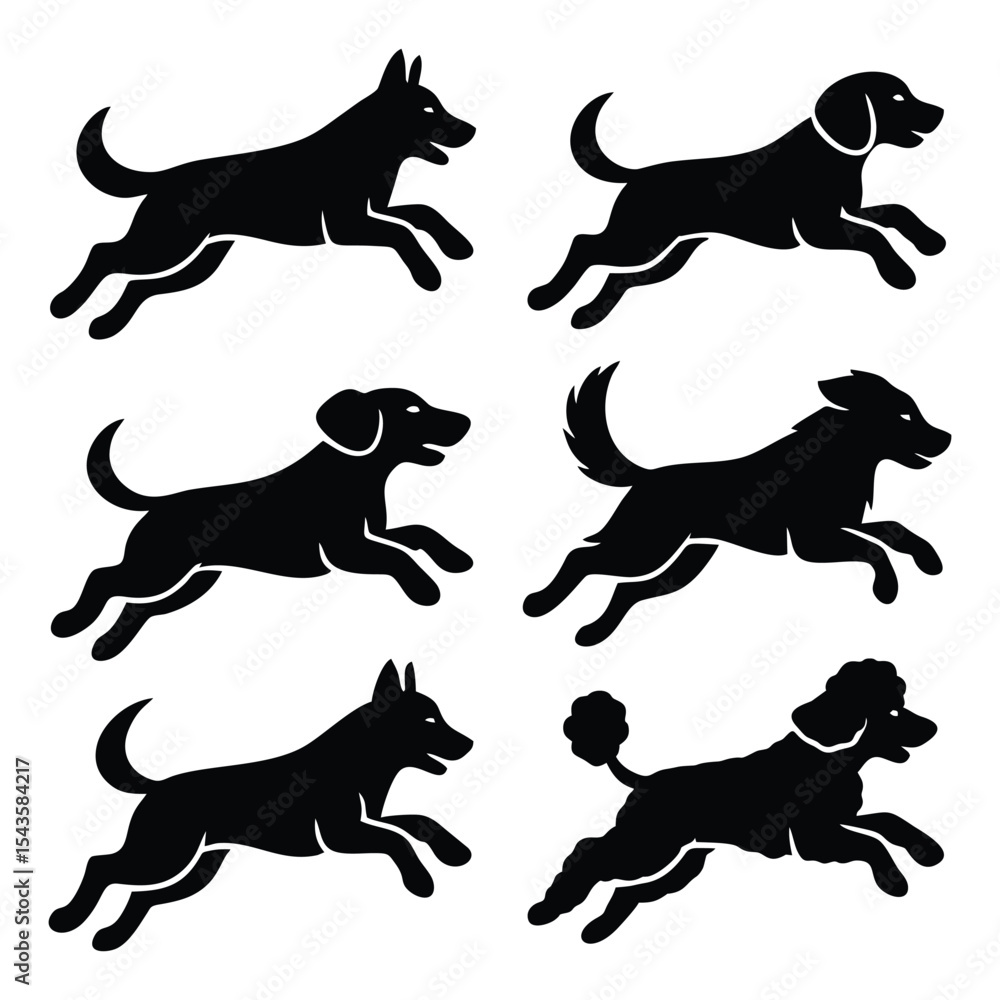Obraz premium set of six running dog silhouettes