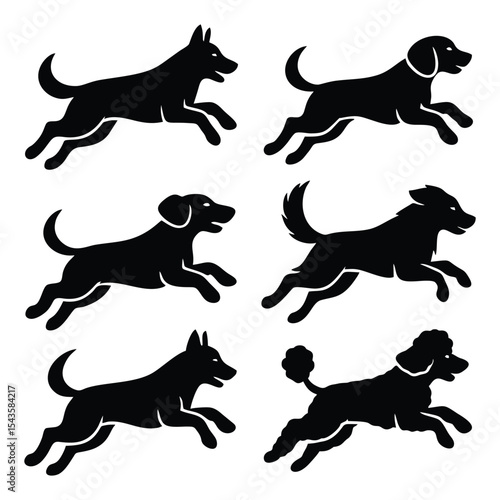 set of six running dog silhouettes