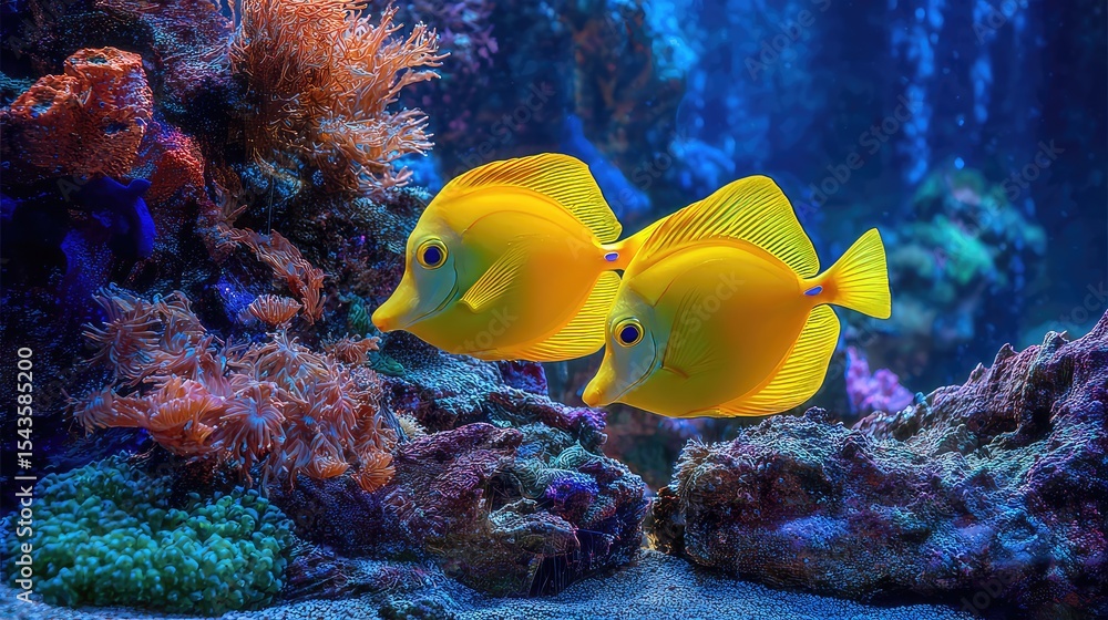 Obraz premium Vibrant Underwater Scene Featuring Two Cheerful Yellow Fish Swimming Among Colorful Coral and Marine Life in a Lively Ocean Environment
