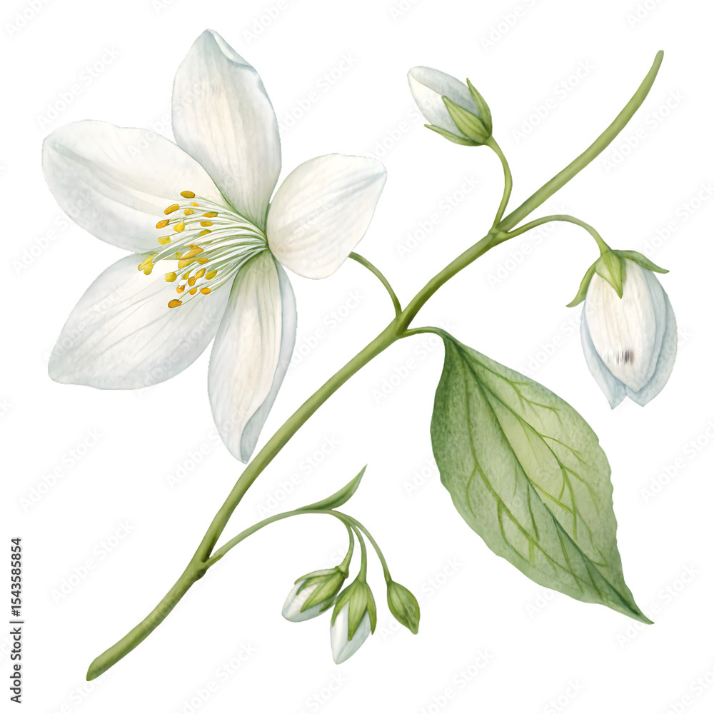 Fototapeta premium Elegant Jasmine Branch Watercolor Painting Delicate White Flowers Green Leaves Botanical Illustration Floral Art Nature Beauty