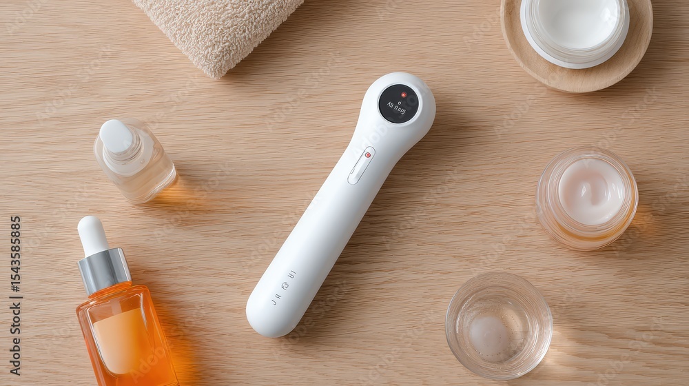 Naklejka premium Modern skincare tools for home beauty routine, featuring a handheld device surrounded by various beauty products on a wooden surface, ideal for wellness and cosmetics enthusiasts