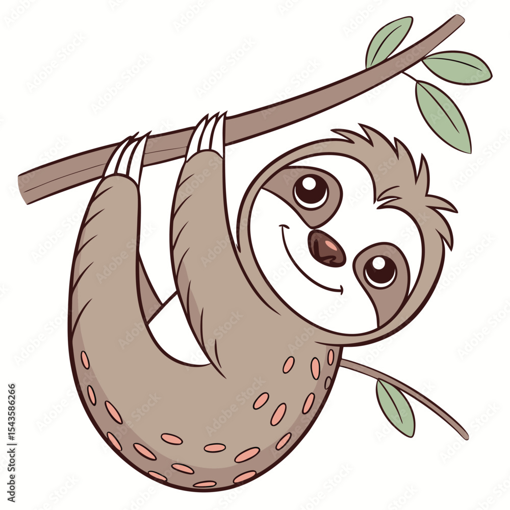 Obraz premium Cartoon sloth hanging from tree branch with a cute smiling expression
