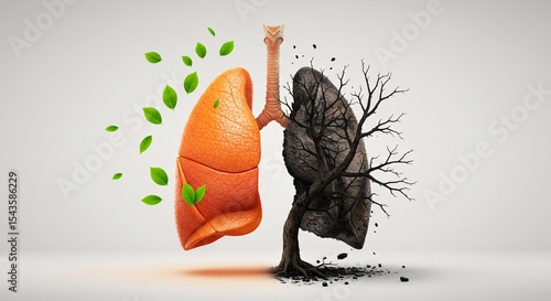 Healthy lung with green leaves versus diseased lung with tree branches concept