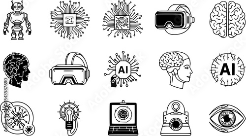 set of technology icon set, such as robot, digital, vr, ai, cyber