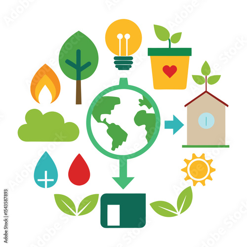 Sustainable development goals illustration featuring earth green energy and environment icons