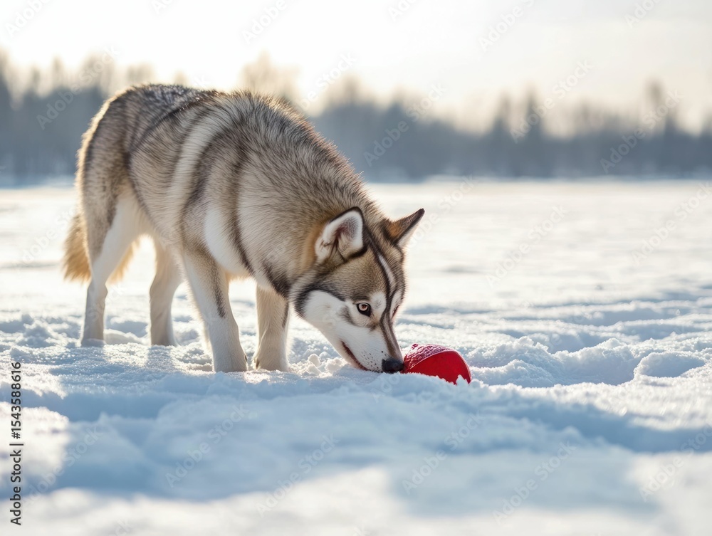 Naklejka premium Husky dog sniffing a red bowl in snowy landscape