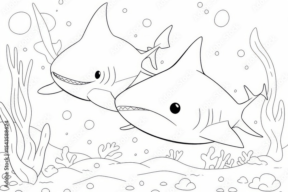 Obraz premium Simple black and white coloring page of two baby sharks swimming underwater with bubbles in ocean for kids