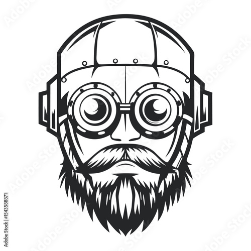 Steampunk Face: Detailed vector illustration of a steampunk-style face with goggles, beard, and helmet in a line art design against a white background.