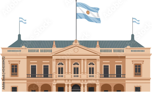 Alternate view of Argentinian government building with pair of national flags waving for patriotic poster 