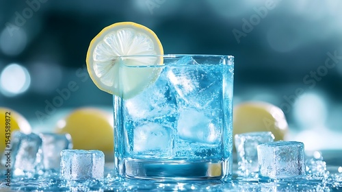 Refreshing neon blue electric lemonade drink with ice cubes at a summer pool party setting