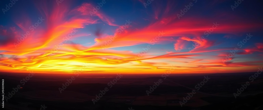 Fototapeta premium Vibrant panorama of a breathtaking sunset sky, fiery hues across the horizon, colors, awesome