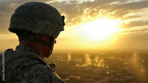 A soldier gazes at a sunset, reflecting on duty and sacrifice.