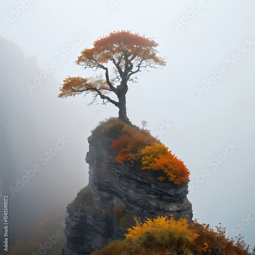 Solitary Cliff with Single Autumn Tree in Fog  