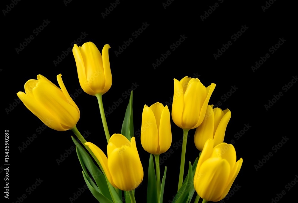 Vibrant yellow tulips dramatically contrast against a deep black backdrop, macro, yellow Vibrant yellow tulips dramatically contrast against a deep black backdrop, macro, yellow