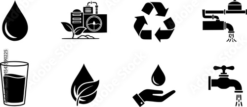 set of eco icons, such as clean energy, leaf, recycle, plastic