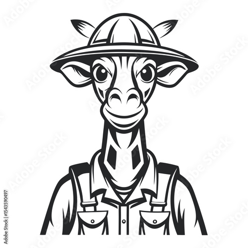 Monochrome Giraffe Head with Pith Helmet: Safari Animal Illustration, Detailed Line Art, African Wildlife Icon, Explorer Design, Vector Graphic, Black and White