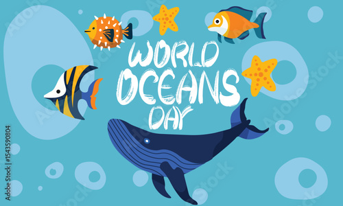 World oceans day design. Ocean day concept with whale, various types of sea fishes. 8th june, world oceans day.