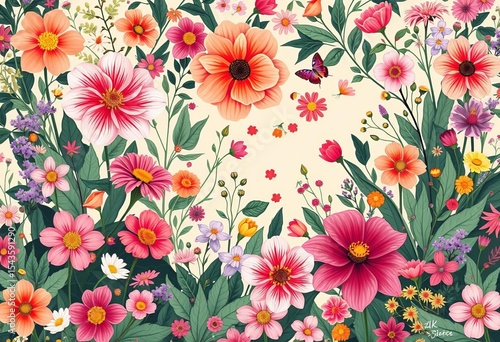 Wallpaper Mural Whimsical garden, vibrant blooms, delicate stylized foliage, botanical pattern, floral background,  illustration,  card Torontodigital.ca