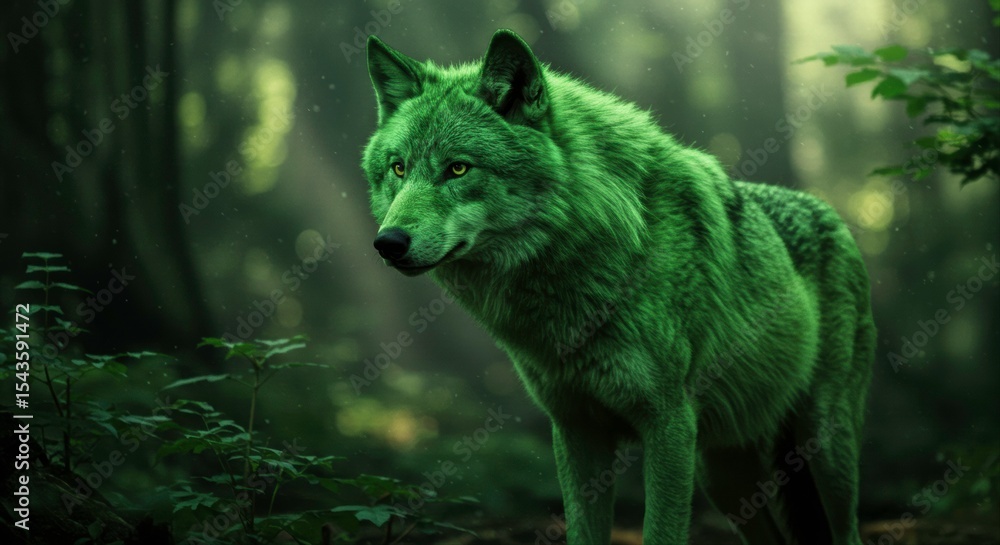 Fototapeta premium Mystical green wolf standing in a dark forest, evoking fantasy and nature