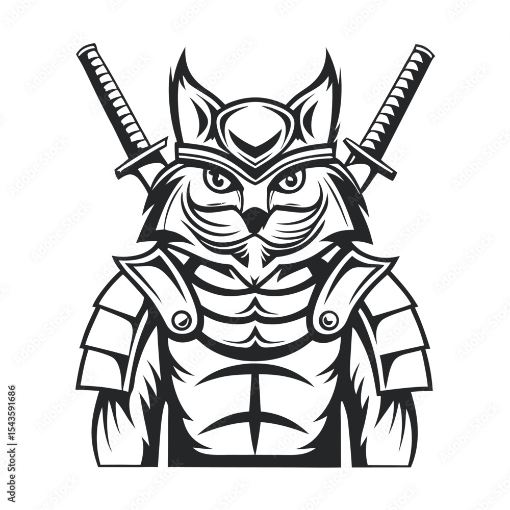 Fototapeta premium Samurai Cat Warrior: Detailed vector illustration of a feline dressed in traditional Japanese armor and wielding swords, presented in a bold black and white aesthetic.